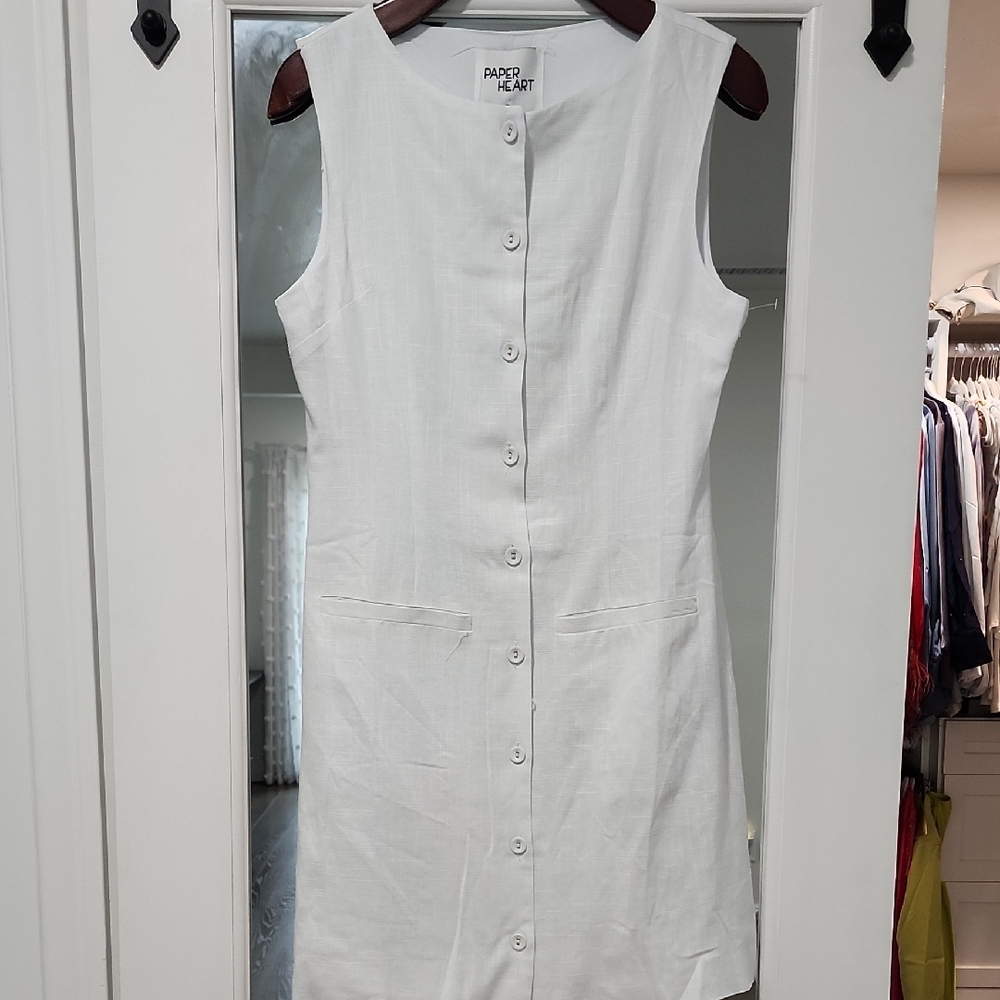Paco Rabanne White Sleeveless Button-Down Dress, Fully Lined Linen